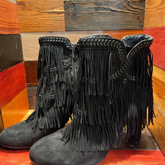 Sam Edelman Fringe Black Ankle Boots - Picture 1 of 3